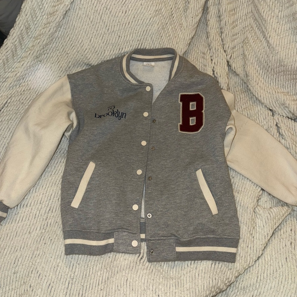 Zara Kids Gray and Cream Varsity Jacket